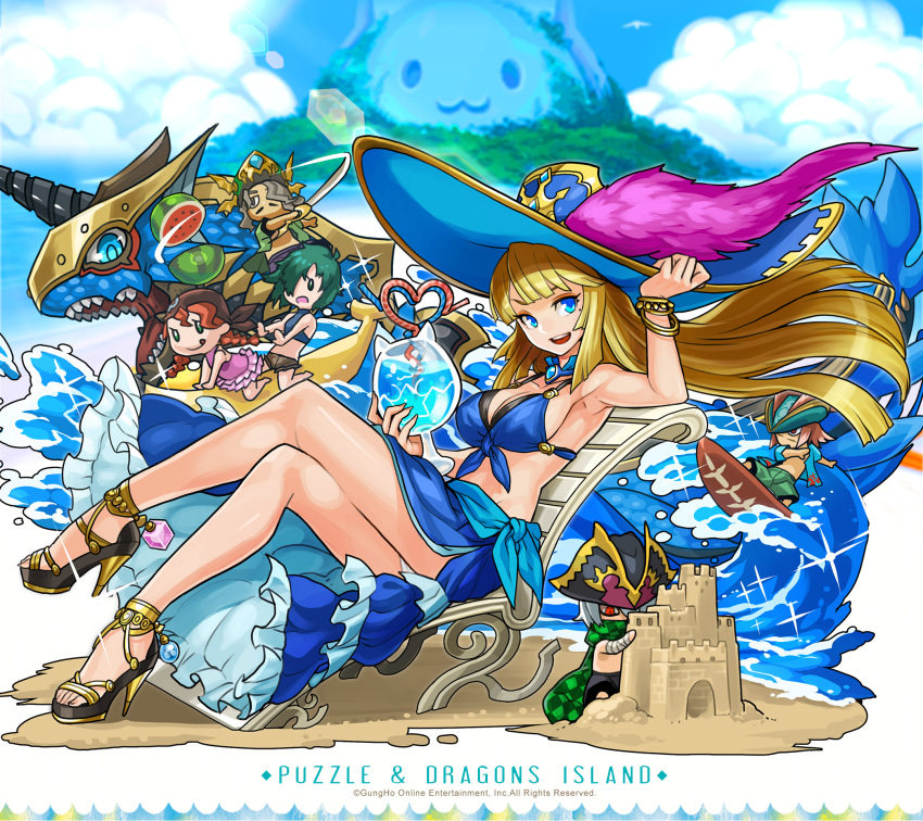 3boys 3girls :d anne_&amp;_mary_(p&amp;d) awilda_(p&amp;d) bartholomew_(p&amp;d) beach bikini blackbeard_(p&amp;d) blonde_hair blue_bikini blue_eyes breasts captain_kidd_(p&amp;d) chibi cleavage dragon hat high_heels highres hino_shinnosuke large_breasts long_hair multiple_boys multiple_girls official_art open_mouth pirate_hat puzzle_&amp;_dragons sand_castle sand_sculpture simple_background sitting smile solo_focus star surfboard swimsuit tamadra water waves white_background