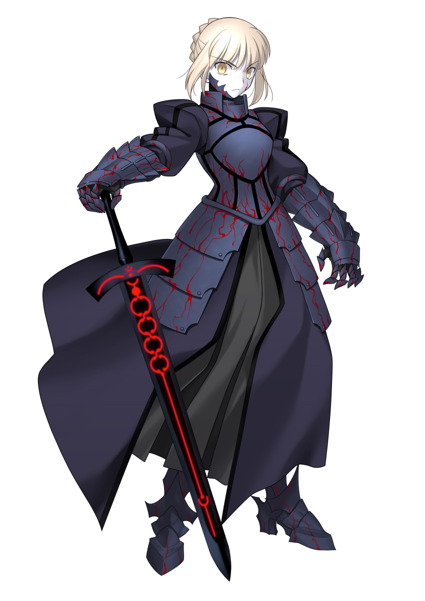 1girl absurdres armor armored_boots armored_dress black_dress blonde_hair dress fate/stay_night fate_(series) gauntlets highres holding_sword holding_weapon official_art saber saber_alter solo takeuchi_takashi transparent_background yellow_eyes