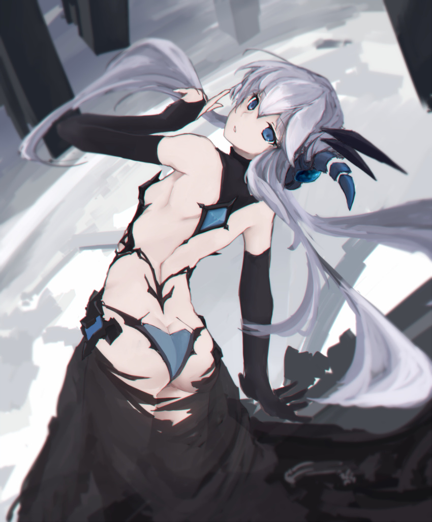 1girl ass black_gloves blue_eyes butt_crack character_request chromatic_aberration from_behind gloves highres long_hair looking_back shaft_look single_elbow_glove solo vicious_kage white_hair