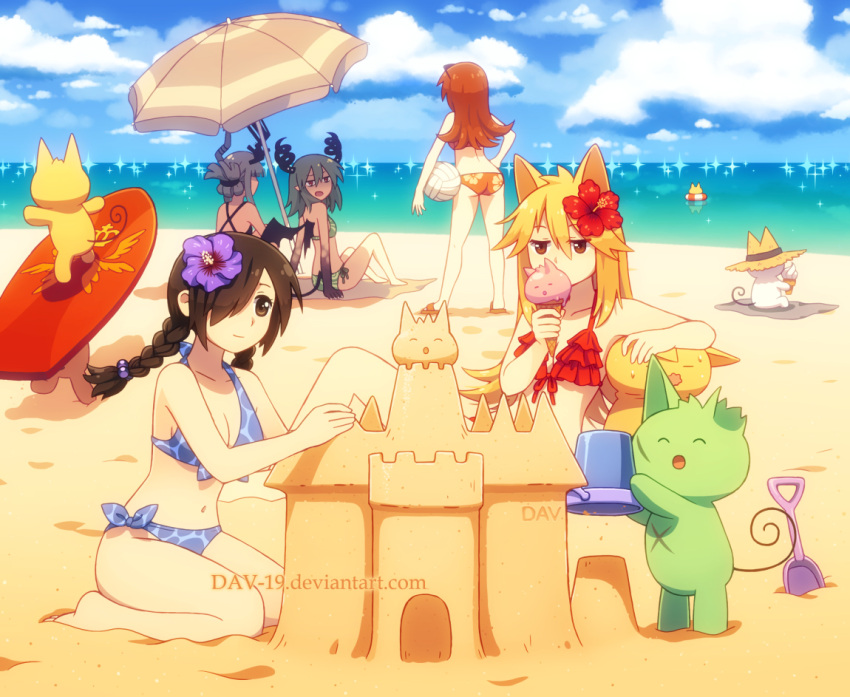 5girls animal_ears arm_rest artist_name ass bangs beach black_eyes black_hair blonde_hair braid breasts cat_ears character_request cleavage clouds collarbone dav-19 defect_mogeko eyebrows eyes flower food frilled_swimsuit grey_hair hair hair_flower hair_ornament holding_ice_cream ice_cream king_mogeko kneeling kurai_yonaka legs legs_apart legs_together long_hair moge-ko mogeko_(mogeko_castle) mogeko_castle mogekov_hashasky multiple_girls ocean one_eye_covered open_mouth parasol red_swimsuit sand sand_castle sand_sculpture scar shadow shovel side-tie_bikini sidelocks sky sparkle surfboard sweat swimsuit tail twin_braids watermark worktool