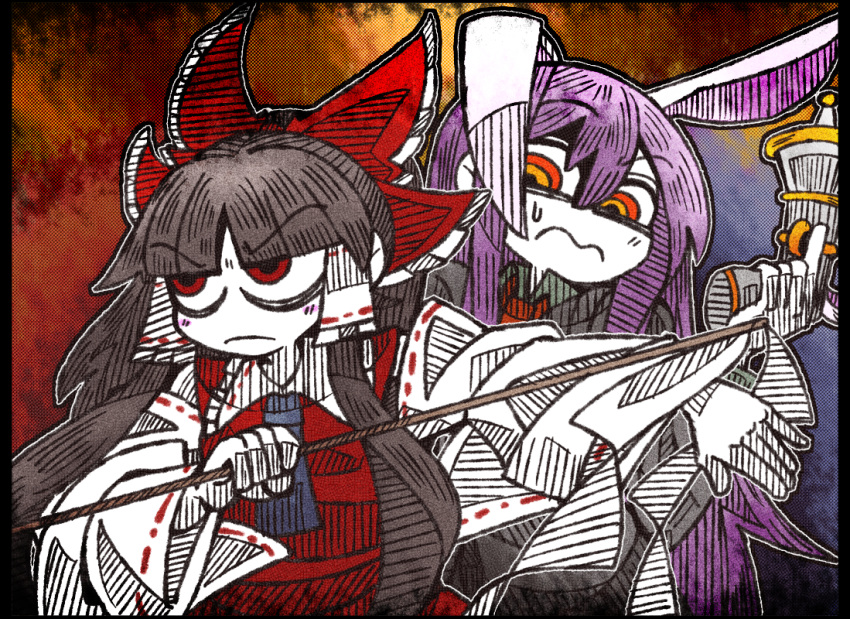 2girls animal_ears ascot black_hair blazer bow collar detached_sleeves frown gohei gun hair_bow hair_tubes hakurei_reimu long_hair lunatic_gun multiple_girls necktie orange_eyes purple_hair rabbit_ears red_bow red_eyes red_tie reisen_udongein_inaba serious suenari_(peace) sweat touhou twintails wavy_mouth weapon yellow_eyes