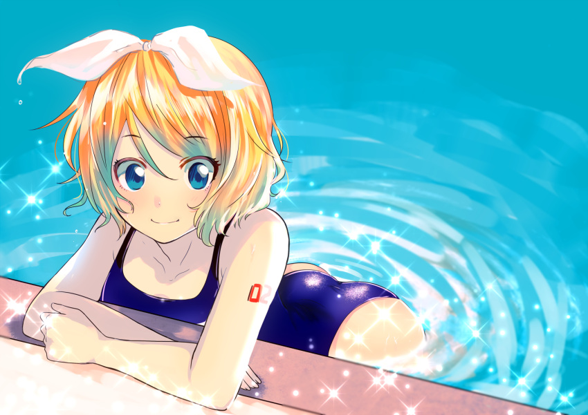 1girl blonde_hair blue_eyes blue_swimsuit hair_ribbon kagamine_rin looking_at_viewer noboes one-piece_swimsuit partially_submerged pool poolside ribbon ripples short_hair smile solo swimsuit vocaloid water