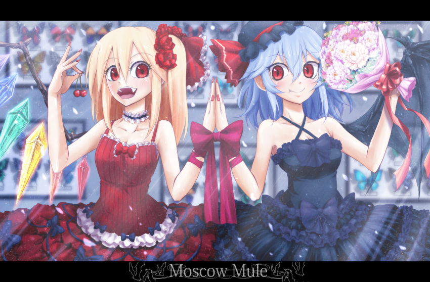2girls alternate_costume alternate_headwear arm_ribbon bare_shoulders bat_wings blonde_hair blue_dress blue_hair blush border bouquet bow butterfly cherry crystal dress fang fangs flandre_scarlet flower food frilled_dress frills fruit hair_flower hair_ornament hair_ribbon hands_together hat hat_ribbon joyfull_(terrace) looking_at_viewer mob_cap multiple_girls nail_polish no_hat open_mouth petals red_dress red_eyes remilia_scarlet ribbon rose short_hair siblings side_ponytail sisters sleeveless slit_pupils smile strapless_dress text touhou wings