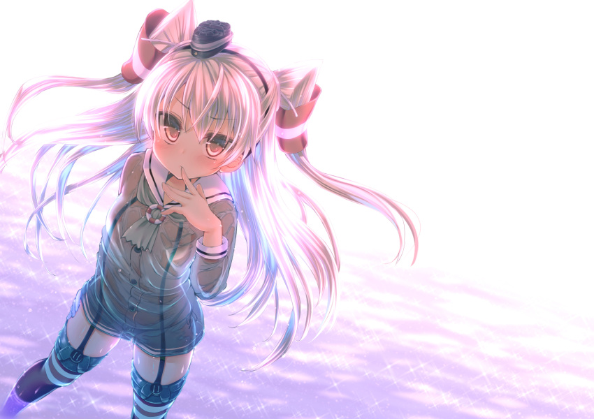 1girl amatsukaze_(kantai_collection) backlighting brown_eyes buttons cowboy_shot dress finger_to_mouth flat_chest from_above garter_straps hair_tubes hand_on_hip highres imachi kantai_collection long_hair long_sleeves looking_at_viewer looking_up outdoors sailor_dress see-through short_dress silver_hair solo standing standing_on_water striped striped_legwear thigh-highs two_side_up wet wet_clothes