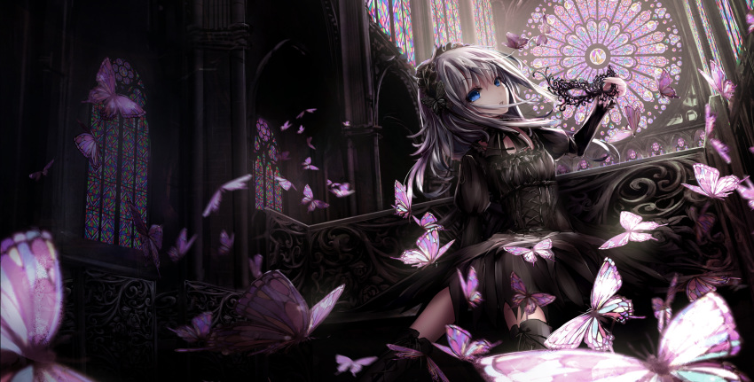 1girl :o absurdres arch architecture bangs bench black_dress black_legwear blue_eyes butterfly butterfly_hair_ornament church dress floating_hair gothic_architecture gothic_lolita hair_ornament hairband head_tilt highres holding_mask indoors juliet_sleeves lolita_fashion lolita_hairband long_hair long_sleeves looking_at_viewer mask mask_removed missile228 original puffy_sleeves ringed_eyes short_dress silver_hair sitting solo stained_glass thigh-highs vanishing_point white_hair zettai_ryouiki