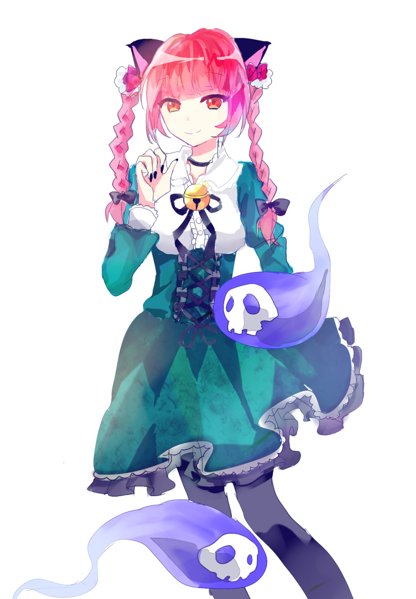 1girl =_(pixiv7931314) adapted_costume alternate_costume animal_ears bell black_legwear bow braid cat_ears choker colored dress frills hair_bow hair_ornament highres kaenbyou_rin long_hair long_sleeves looking_at_viewer no_tail pantyhose red_eyes redhead ribbon simple_background sketch skull smile solo touhou twin_braids white_background