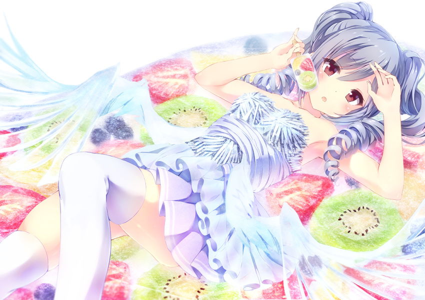 1girl alc_(ex2_lv) breasts dress drill_hair food fruit idolmaster idolmaster_cinderella_girls kanzaki_ranko kiwifruit long_hair open_mouth popsicle red_eyes silver_hair solo strawberry twin_drills twintails