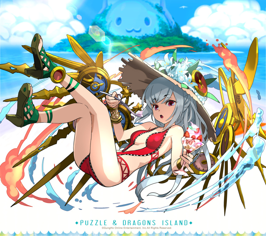 1girl :o adachi_yousuke clock full_body hat high_heels highres long_hair mechanical_wings official_art one-piece_swimsuit pink_eyes puzzle_&amp;_dragons red_swimsuit silver_hair simple_background solo sun_hat swimsuit urd_(p&amp;d) white_background wings