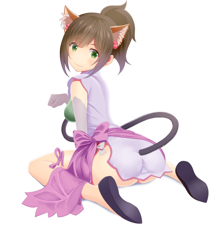 1girl absurdres animal_ears brown_hair cat_ears cat_tail chinese_clothes fang green_eyes highres idolmaster idolmaster_cinderella_girls maekawa_miku ponytail shaomei_rin shaomei_rin_(cosplay) shining_(series) shining_hearts short_hair smile solo tail takahirokun