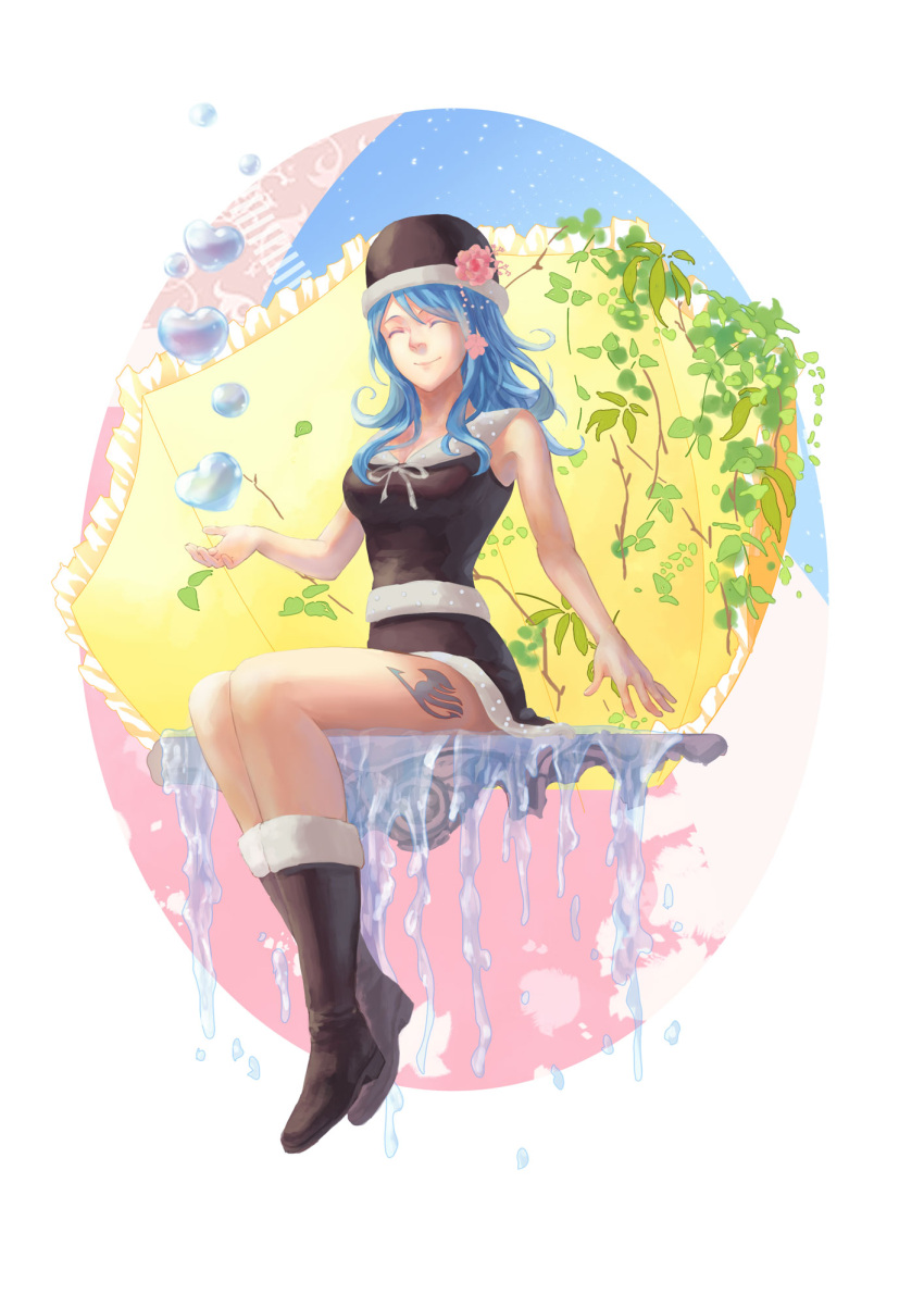 blue_hair boots breasts bubble cleavage closed_eyes fairy_tail flower flower_on_head folie_(cac82622) hat heart_bubbles highres ivy juvia_loxar plant sitting smile tattoo