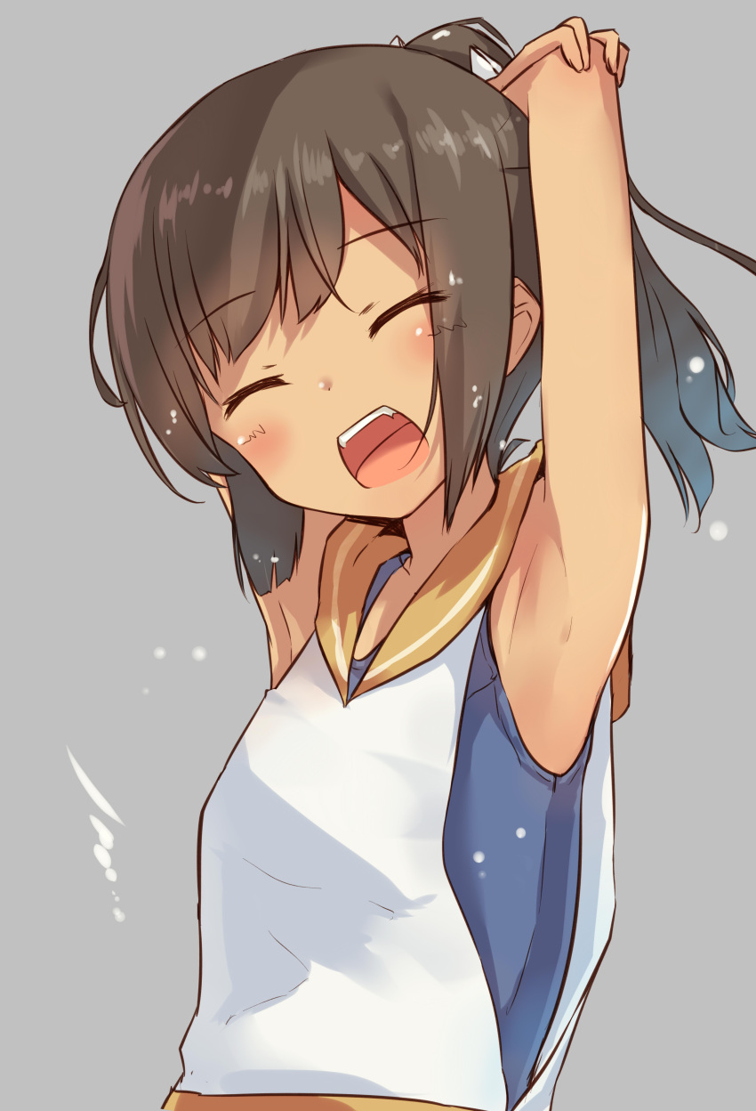 1girl absurdres armpits arms_up bare_shoulders blush brown_hair closed_eyes dark_skin grey_background high_ponytail highres i-401_(kantai_collection) kantai_collection open_mouth ponytail ruma_imaginary sailor_collar school_swimsuit simple_background smile solo swimsuit swimsuit_under_clothes upper_body