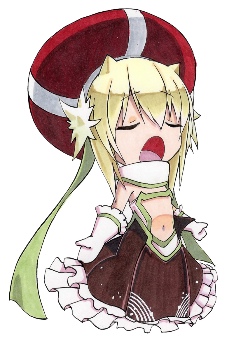 1girl absurdres beret blonde_hair clione closed_eyes cototiworld frills gloves hat highres marker_(medium) navel open_mouth simple_background singing skirt traditional_media yumekui_merry