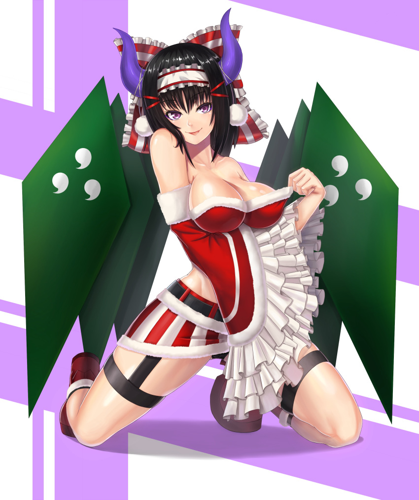 1girl :p absurdres ankle_boots bare_shoulders black_hair black_legwear black_panties boots breasts christmas cleavage cleavage_reach collarbone demon_horns frilled_sleeves frills full_body garter_straps hairband highres horns kneeling large_breasts long_hair midriff miniskirt panties pantyshot rinkou_no_lemuria rockmanwjh shion_(lemuria) skirt solo thigh-highs tongue tongue_out underwear violet_eyes wide_sleeves