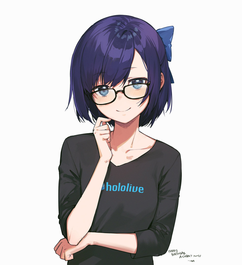 1girl bangs black-framed_eyewear black_shirt blue_bow blue_eyes blue_hair blush bow breasts closed_mouth clothes_writing commentary copyright_name english_commentary english_text eyebrows_visible_through_hair glasses hair_bow happy_birthday head_tilt highres hololive looking_at_viewer mixed-language_commentary ninomae_ina'nis_(artist) parted_bangs second-party_source shirt short_hair simple_background small_breasts smile solo symbol_commentary t-shirt upper_body virtual_youtuber white_background yuujin_a_(hololive)