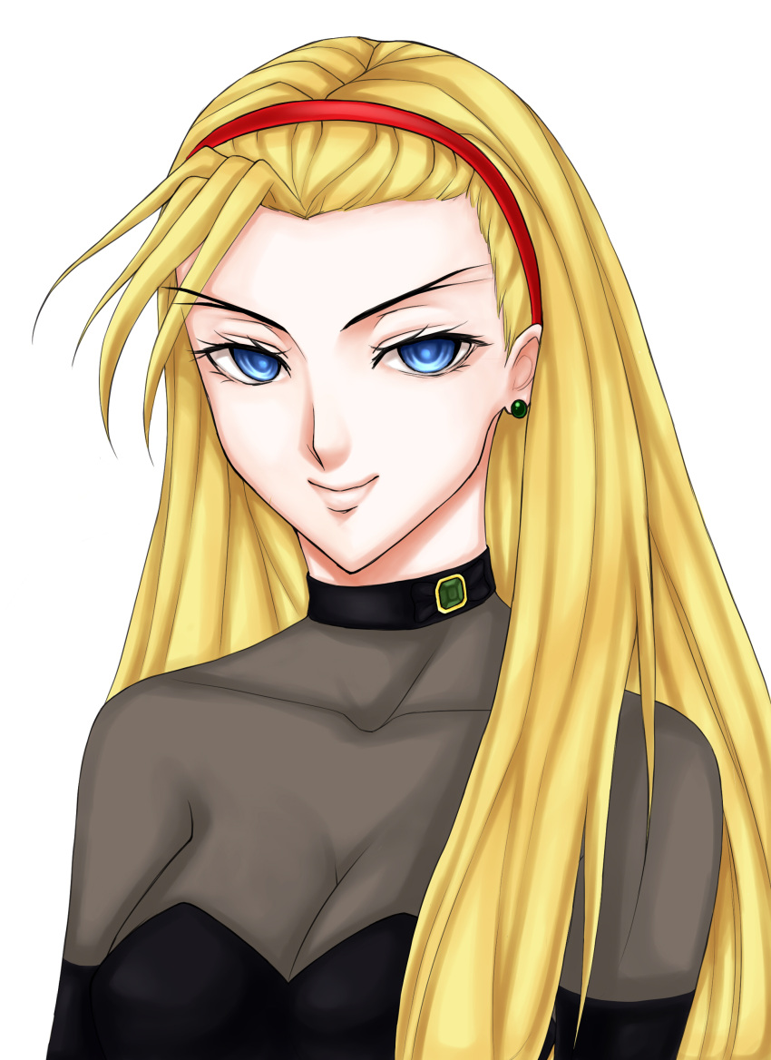 1girl absurdres alternate_costume black_dress blonde_hair blue_eyes breasts choker cleavage dorothy_catalonia dress earrings elbow_gloves eyebrows forked_eyebrows gem gloves gundam gundam_wing hairband highres jewelry kthovhinao_virmi long_hair portrait see-through smile solo