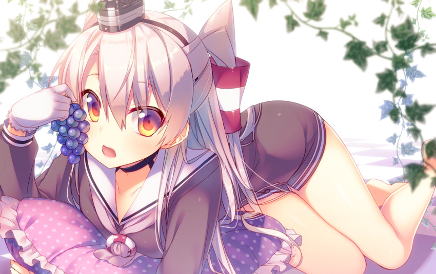 1girl amatsukaze_(kantai_collection) bare_legs barefoot brown_eyes choker dress food fruit gloves grapes hair_tubes headgear kantai_collection long_hair looking_at_viewer lying neckerchief on_stomach pillow sailor_collar sailor_dress short_dress silver_hair solo tahya two_side_up white_gloves