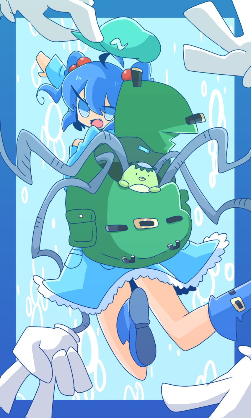 1girl ahoge backpack bag blue_eyes blue_hair boots dress extra_arms fang frilled_skirt frills from_behind hair_bobbles hair_ornament hat hat_removed headgear_removed headwear_removed highres kawashiro_nitori long_sleeves looking_at_viewer op_na_yarou open_mouth pocket ribbon rubber_boots shirt short_hair skirt skirt_set smile solo touhou two_side_up v