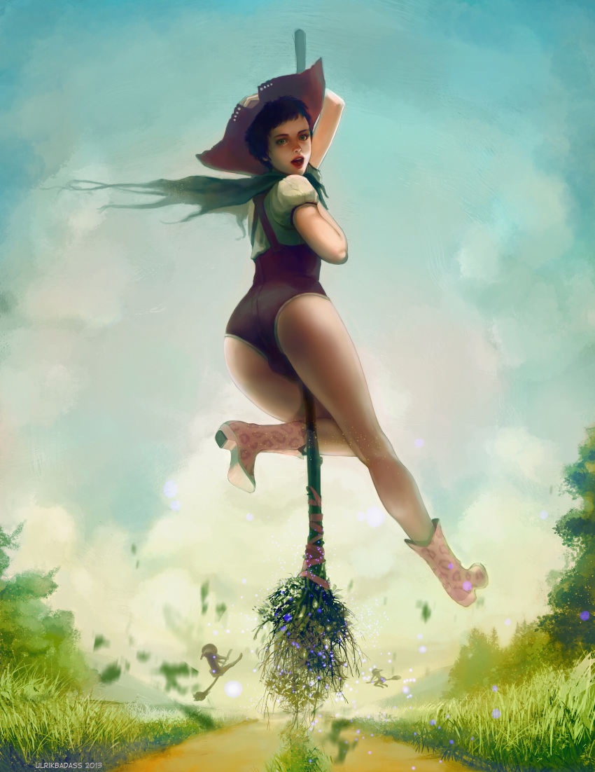 1boy absurdres ass black_hair boots broom broom_riding dated elf grass high_heel_boots high_heels highres legs looking_at_viewer looking_back nature open_mouth original otoko_no_ko pointy_ears river short_hair solo_focus ulrik water