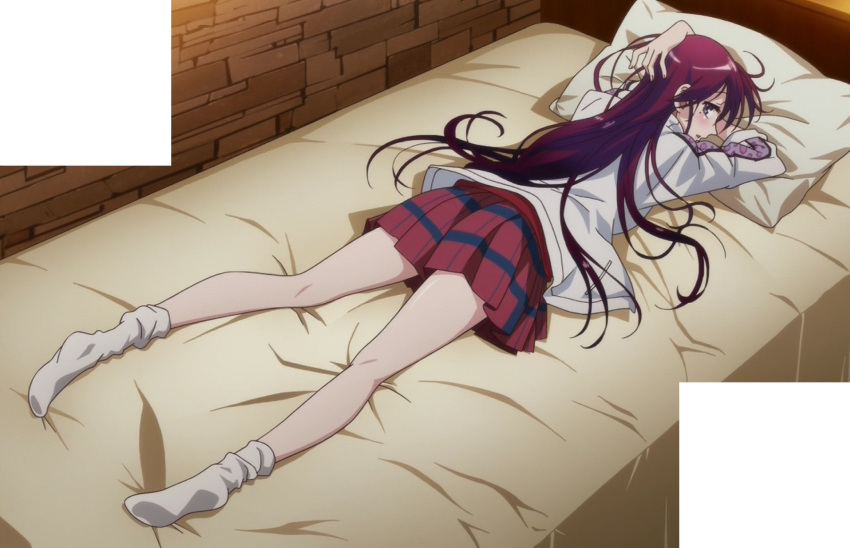 bed highres jitsu_wa_watashi_wa long_hair maroon_hair pleated_skirt screencap shishido_shiho skirt violet_eyes
