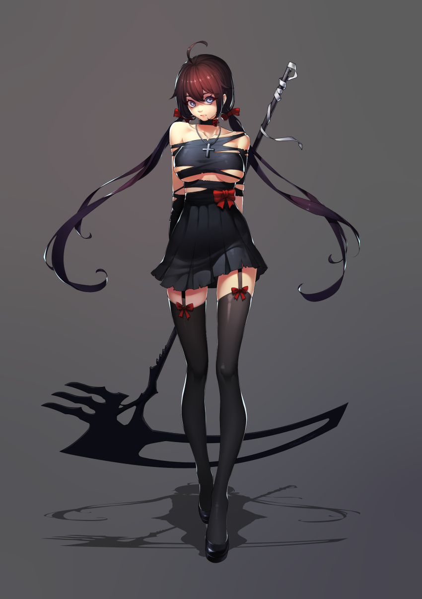 1girl absurdres blue_eyes breasts brown_hair choker daye_bie_qia_lian garter_straps highres long_hair looking_at_viewer original scythe solo thigh-highs torn_clothes twintails