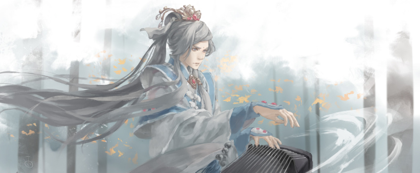 character_request facial_mark folie_(cac82622) forehead_mark grey_eyes grey_hair guzheng hair_tie highres leaf multiple_tails pili_budaixi playing_instrument robe tail tiara wind