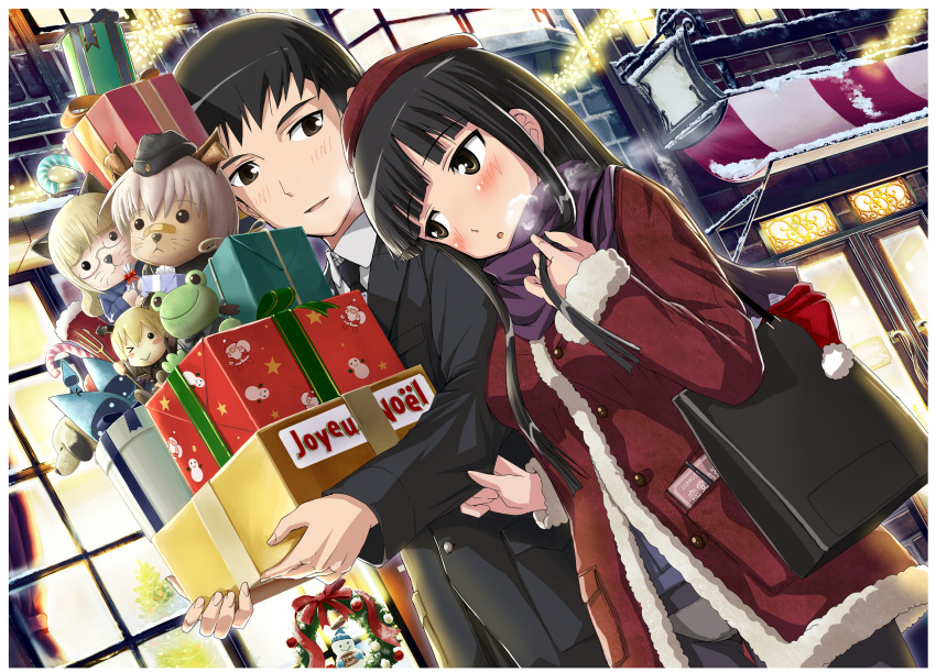 1boy 1girl alternate_costume animal_ears awning bag bangs blunt_bangs blush box breath brown_eyes candy candy_cane carrying casual character_doll christmas christmas_tree clothes_grab coat commentary couple dog dutch_angle erica_hartmann eyepatch eyepatch_removed formal french frog gift gift_box handbag hat highres hijikata_keisuke long_hair looking_at_another merry_christmas night perrine_h_clostermann sakamoto_mio scarf short_hair sign snow snowman strike_witches stuffed_toy suit whiskers window wreath