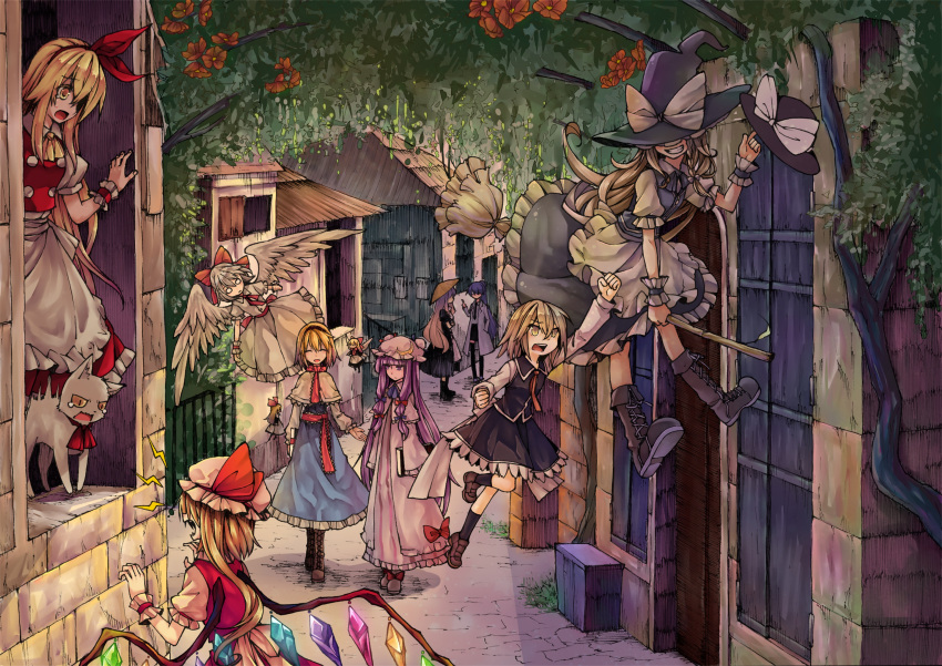 6+girls alice_margatroid angel_wings apron asakura_rikako blonde_hair book boots bow broom broom_riding capelet cat closed_eyes clothes_theft crescent_hair_ornament cross-laced_footwear dress ellen flandre_scarlet flower frilled_dress frills gengetsu gradient_hair grin hair_ornament hair_ribbon hat hat_bow highres hijiri_byakuren kirisame_marisa ko_kita long_hair long_sleeves mob_cap multicolored_hair multiple_girls neck_ribbon open_mouth patchouli_knowledge puffy_short_sleeves puffy_sleeves purple_hair ribbon shanghai_doll short_hair short_sleeves smile sokrates_(touhou) tears theft touhou touhou_(pc-98) tree violet_eyes white_background wings witch_hat wrist_cuffs yellow_eyes yuki_(touhou)