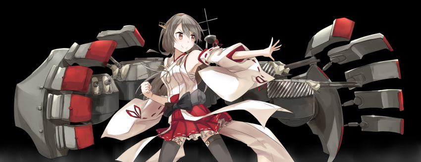 1girl armor_girls_project bare_shoulders black_background black_hair brown_eyes camouflage dazzle_paint detached_sleeves hairband haruna_(kantai_collection) headgear highres ido_(teketeke) japanese_clothes kantai_collection long_hair mecha_musume nontraditional_miko simple_background skirt smile solo thigh-highs turret