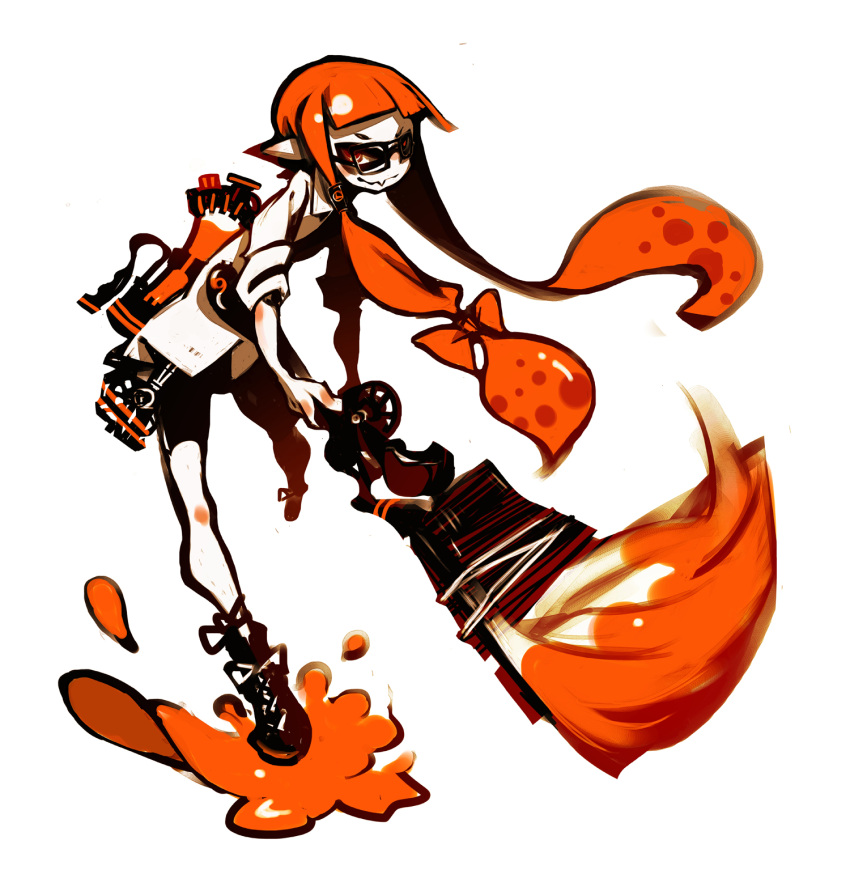 1girl bespectacled bike_shorts brush commentary_request domino_mask fang fangs giant_brush glasses hair_ribbon hair_tubes highres inkling kiku_(kicdoc) long_hair looking_at_viewer mask orange_eyes orange_hair paint paint_splatter pointy_ears ribbon shoes simple_background smile sneakers solo splatoon tentacle_hair weapon white_background