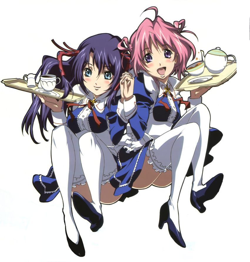 absurdres ascoeur blue_eyes blush cup gotoh_keiji gotou_keiji high_heels highres holding_hands kiddy_girl-and kiddy_grade long_hair multiple_girls pink_hair purple_eyes purple_hair q-feuille shoes short_hair smile teacup thighhighs tray twintails waitress white_legwear