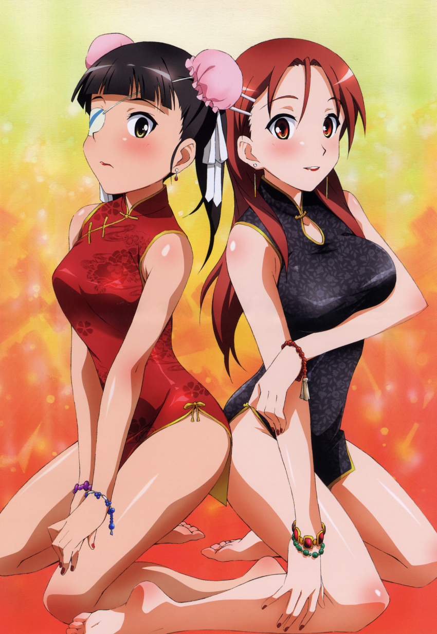 absurdres back-to-back barefoot blush bracelet breasts brown_hair bun_cover china_dress chinadress chinese_clothes double_bun earrings eyepatch feet hair_buns hands highres jewelry kneeling lipstick long_hair minna-dietlinde_wilcke multiple_girls nail_polish no_panties onoda_masato red_eyes sakamoto_mio soles strike_witches yellow_eyes