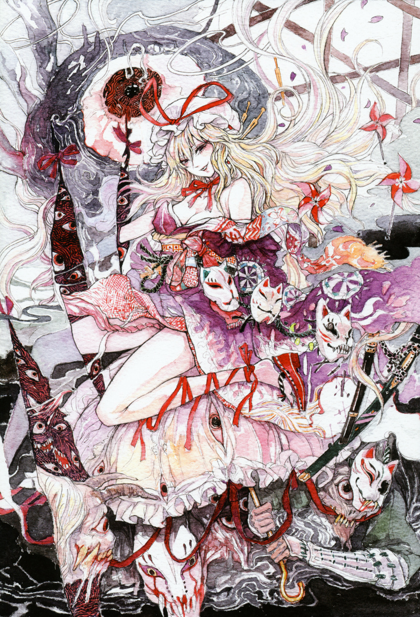 blonde_hair chihiro_(artist) chihiro_(kemonomichi) clog_sandals eyes gap graphite graphite_(medium) hat highres huge_filesize japanese_clothes katana kimono long_hair mask monster sheath sheathed sword touhou traditional_media umbrella watercolor watercolor_(medium) weapon yakumo_yukari youkai