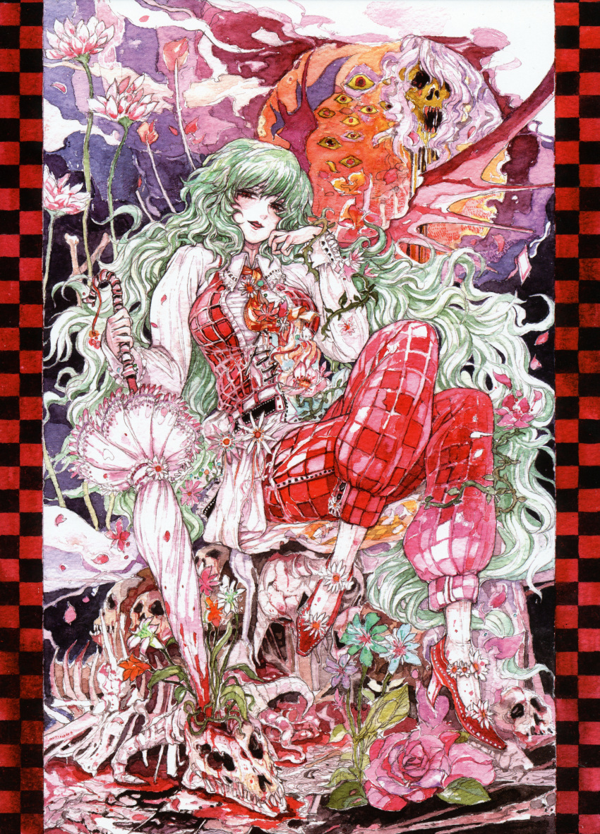 ascot blood breasts chihiro_(kemonomichi) closed_umbrella crossed_legs flower green_hair high_heels highres huge_filesize kazami_yuuka kazami_yuuka_(pc-98) large_breasts long_hair parasol plaid_pants plaid_vest red_eyes shoes sitting skull touhou touhou_(pc-98) umbrella