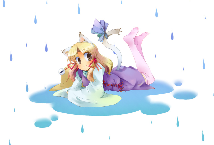 :3 animal_ears arm_support blonde_hair brown_hair cat_ears cat_tail feet hair_ribbon hat hat_removed headwear_removed kemonomimi_mode legs_up lying moriya_suwako on_stomach puddle rain ribbon rotan short_hair simple_background sleeves_past_wrists smile tail tail_ribbon touhou water_drop wide_sleeves