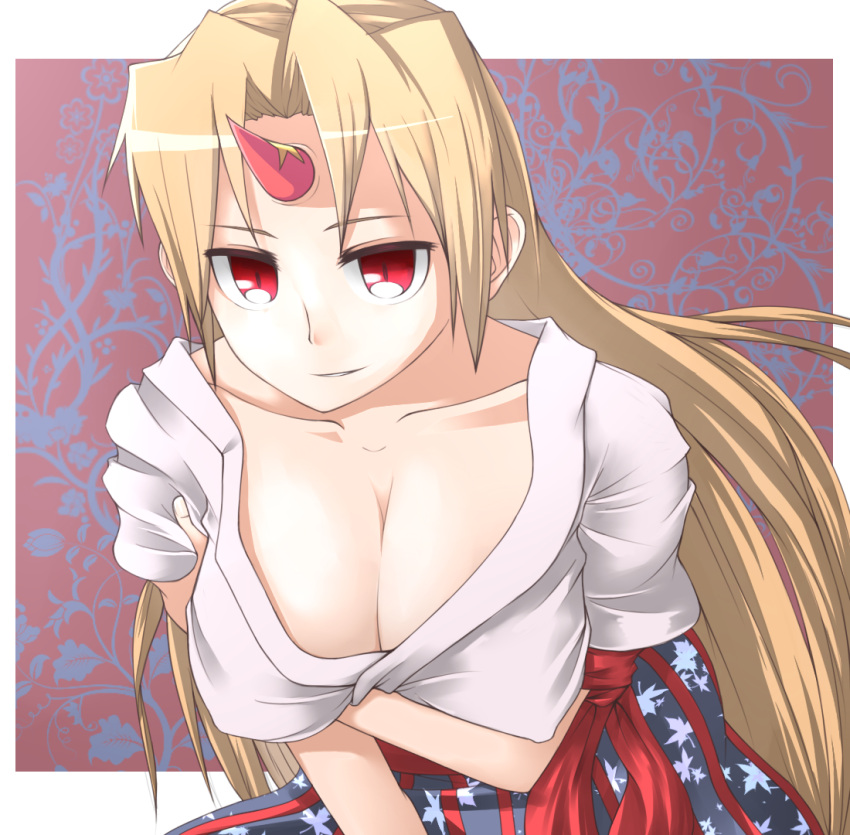 breasts cleavage collarbone erect_nipples hanging_breasts horn horns hoshiguma_yuugi large_breasts long_hair notsugimi red_eyes smile touhou