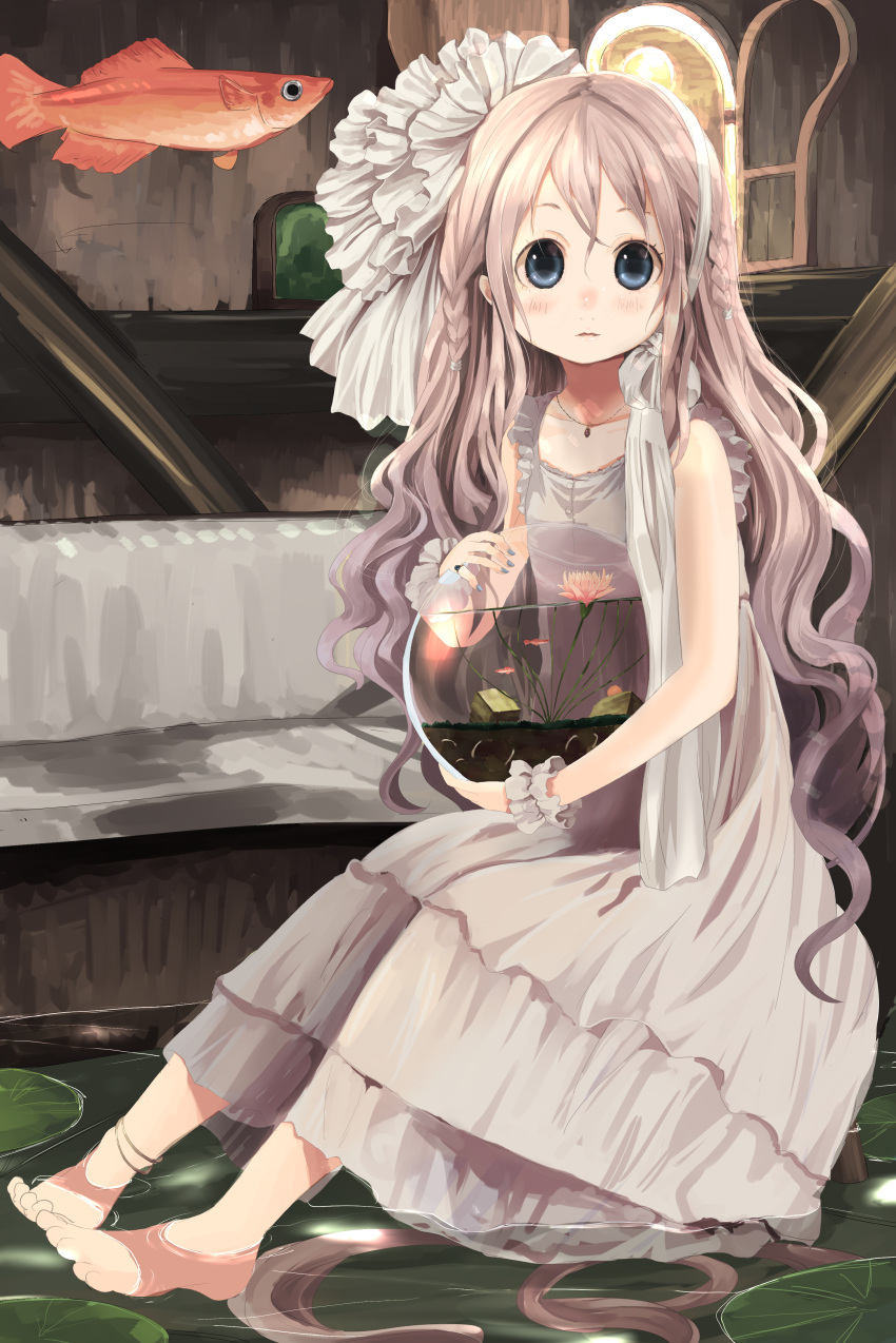 1girl absurdres anklet barefoot blue_eyes braid brown_hair dress feet_in_water fish fishbowl goldfish hair_ornament hairband highres jewelry long_hair looking_at_viewer necklace original ring shiro_(octet) sitting sleeveless sleeveless_dress soaking_feet solo twin_braids very_long_hair water