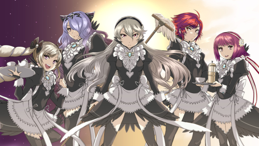 blonde_hair camilla_(fire_emblem_if) elise_(fire_emblem_if) fire_emblem fire_emblem_if grimjin hair_over_one_eye hair_ribbon hairband highres hinoka_(fire_emblem_if) long_hair maid mop my_unit_(fire_emblem_if) purple_hair red_eyes redhead ribbon sakura_(fire_emblem_if) twintails violet_eyes