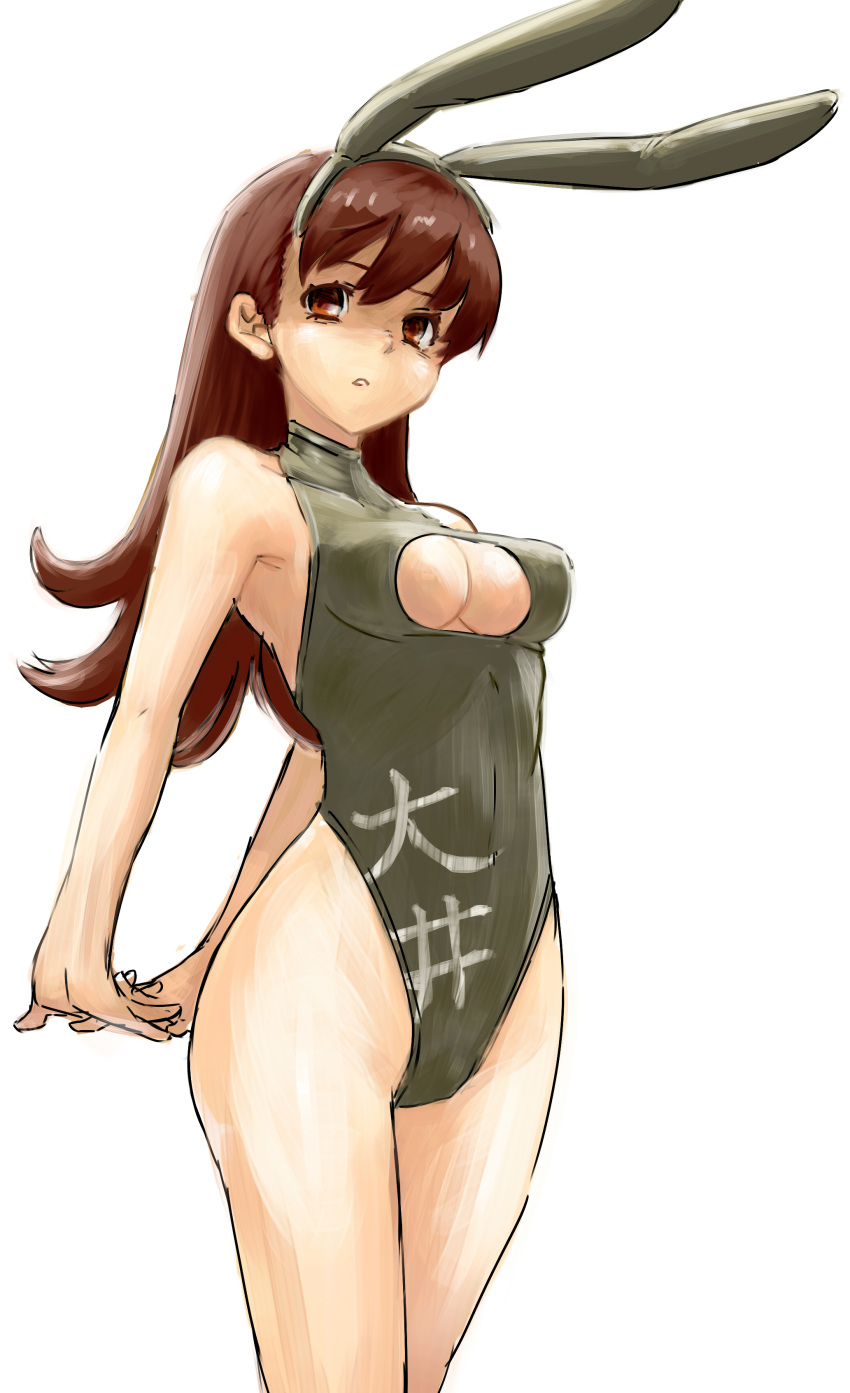 1girl absurdres animal_ears arms_behind_back bare_shoulders breasts brown_hair bunnysuit clothes_writing fake_animal_ears fran_(tukihashi) hairband highres interlocked_fingers kantai_collection long_hair ooi_(kantai_collection) orange_eyes rabbit_ears simple_background solo under_boob white_background