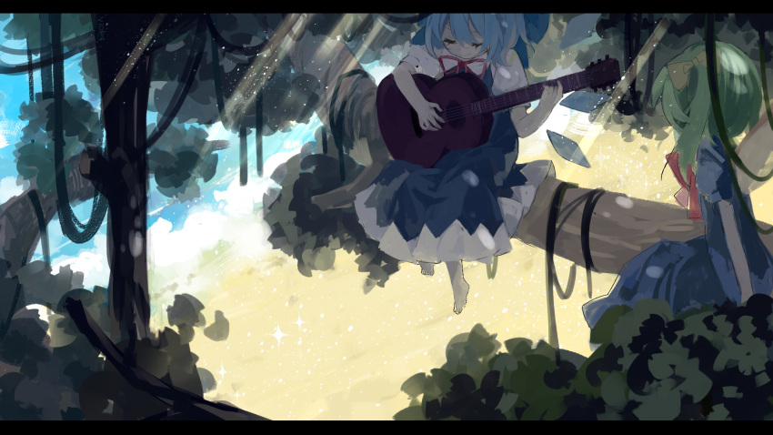 2girls acoustic_guitar barefoot blue_dress blue_hair border bow cirno closed_eyes daiyousei dress fairy_wings green_hair guitar hair_bow hair_ribbon highres ice ice_wings in_tree instrument light_particles multiple_girls playing_instrument puffy_sleeves ribbon short_sleeves side_ponytail sitting sitting_in_tree smile touhou tree violet_(qs312556616) wings