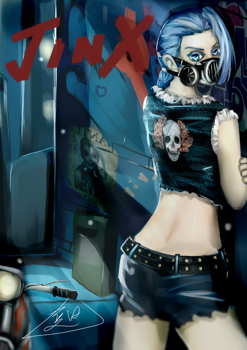 1girl absurdres alternate_costume belt biker_clothes blue_eyes blue_hair braid cropped_jacket crossed_arms denim denim_shorts from_behind gas_mask highres jinx_(league_of_legends) league_of_legends long_hair looking_back midriff shorts sleeveless solo studded_belt summer_triangle twin_braids