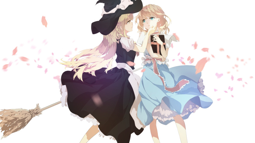 2girls alice_margatroid apron blonde_hair blue_dress blue_eyes book braid broom capelet dc_(12696462) dress hairband hat hat_ribbon highres kirisame_marisa long_hair looking_at_another multiple_girls open_mouth petals profile puffy_sleeves ribbon sash short_hair short_sleeves side_braid simple_background single_braid tears touhou waist_apron white_background witch_hat yellow_eyes