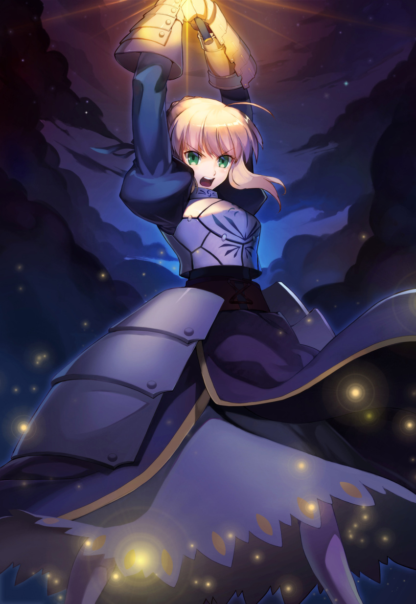 1girl ahoge armor armored_dress arms_up blonde_hair breastplate clouds dress excalibur fate/stay_night fate_(series) green_eyes highres night open_mouth saber solo sword vmax-ver weapon