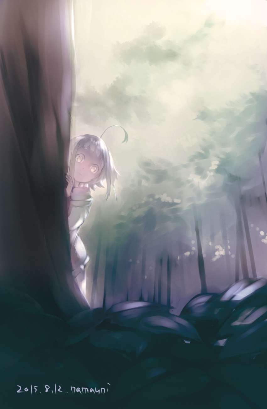 1girl 2015 absurdres against_tree ahoge animal_ears artist_name commentary_request dated forest green_hair highres kasodani_kyouko light namauni nature outdoors peeking_out short_hair signature solo touhou tree wide-eyed