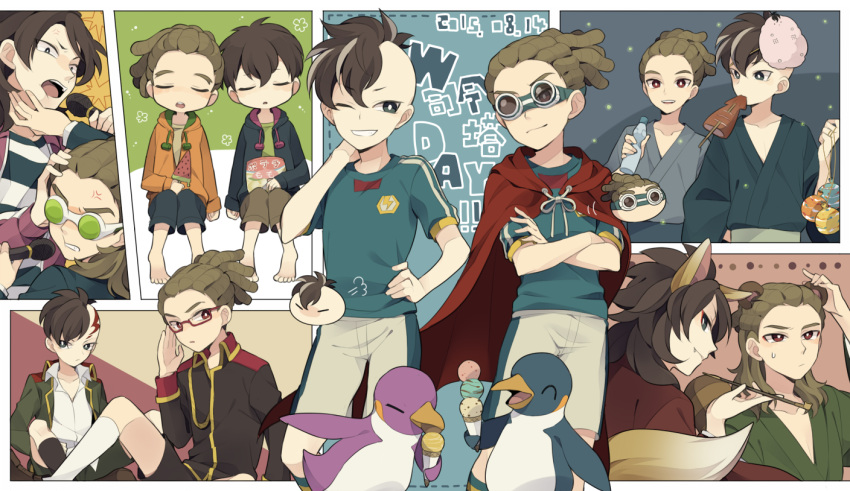2boys anger_vein animal_ears bespectacled bird bottle cape crossed_arms dated eating fang food fudou_akio glasses goggles grin hand_on_hip ice_cream ice_cream_cone ikayaki inazuma_eleven inazuma_eleven_(series) inazuma_eleven_go inazuma_japan kidou_yuuto kiseru male_focus microphone multiple_boys older one_eye_closed penguin pipe popsicle potato_chips ramune saku_anna sitting smile soccer_uniform sportswear tail triple_scoop water_yoyo watermelon_bar younger