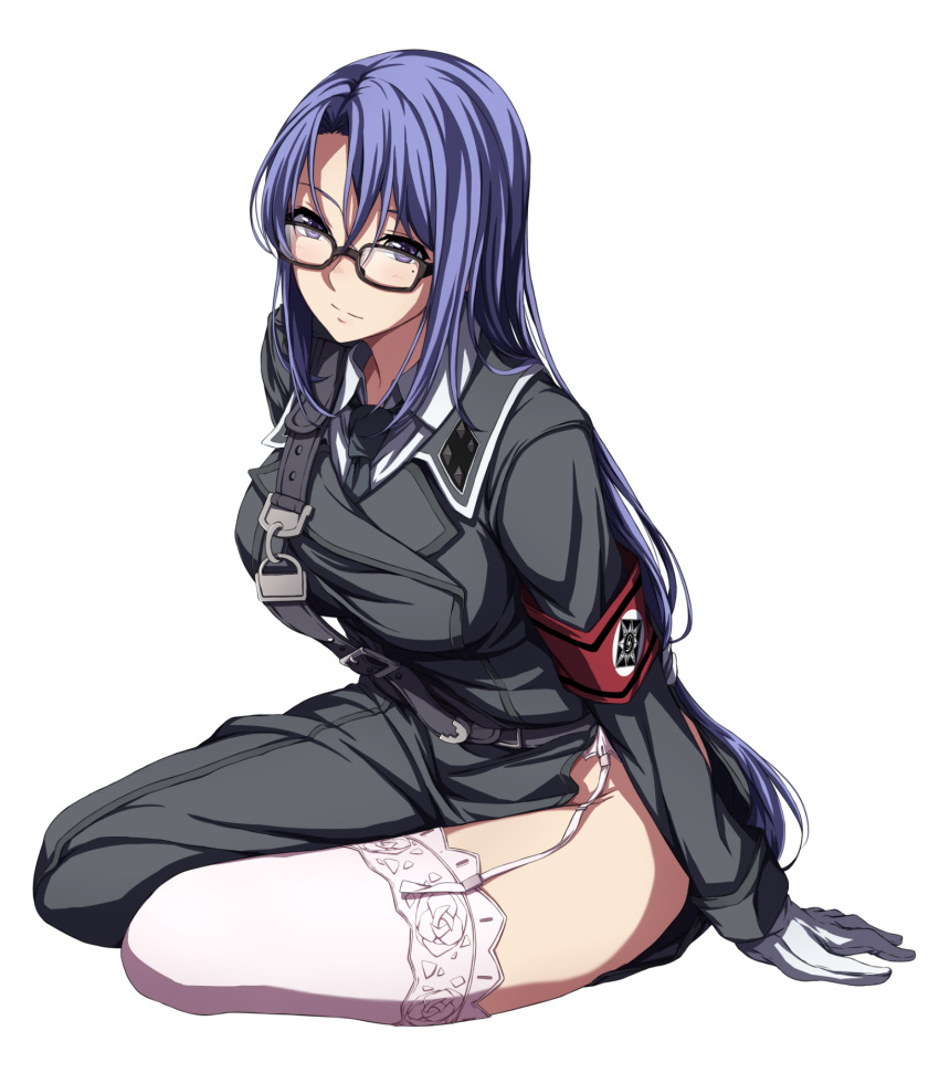 1girl dies_irae garter_straps glasses gloves highres lace lace-trimmed_thighhighs long_hair looking_at_viewer necktie purple_hair riza_brenner sblack simple_background solo thigh-highs uniform violet_eyes white_background