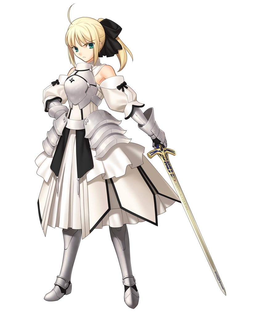 1girl ahoge armor armored_dress black_ribbon blonde_hair dress fate/grand_order fate_(series) gauntlets green_eyes highres holding_sword holding_weapon looking_at_viewer official_art ribbon saber saber_lily solo transparent_background white_dress
