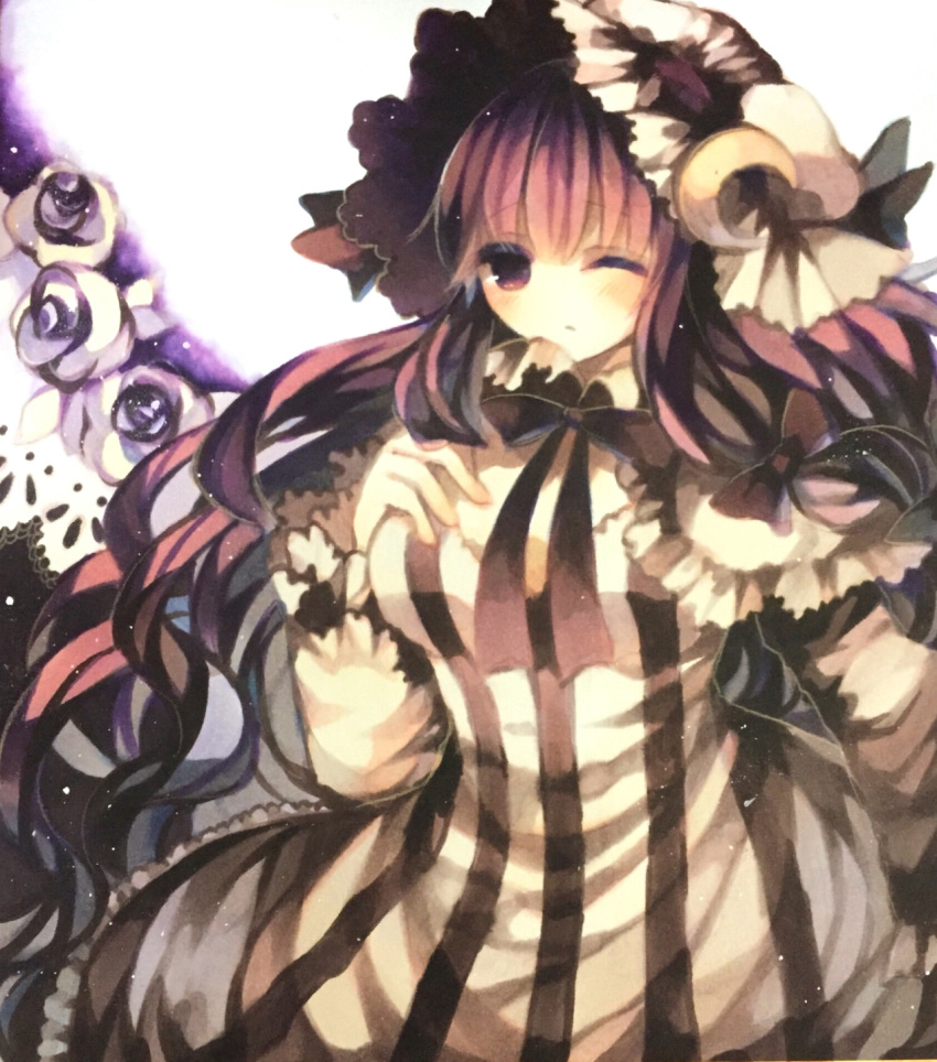 1girl bow capelet crescent_hair_ornament hair_bow hair_ornament highres long_hair one_eye_closed patchouli_knowledge purple_hair solo touhou violet_eyes wiriam07