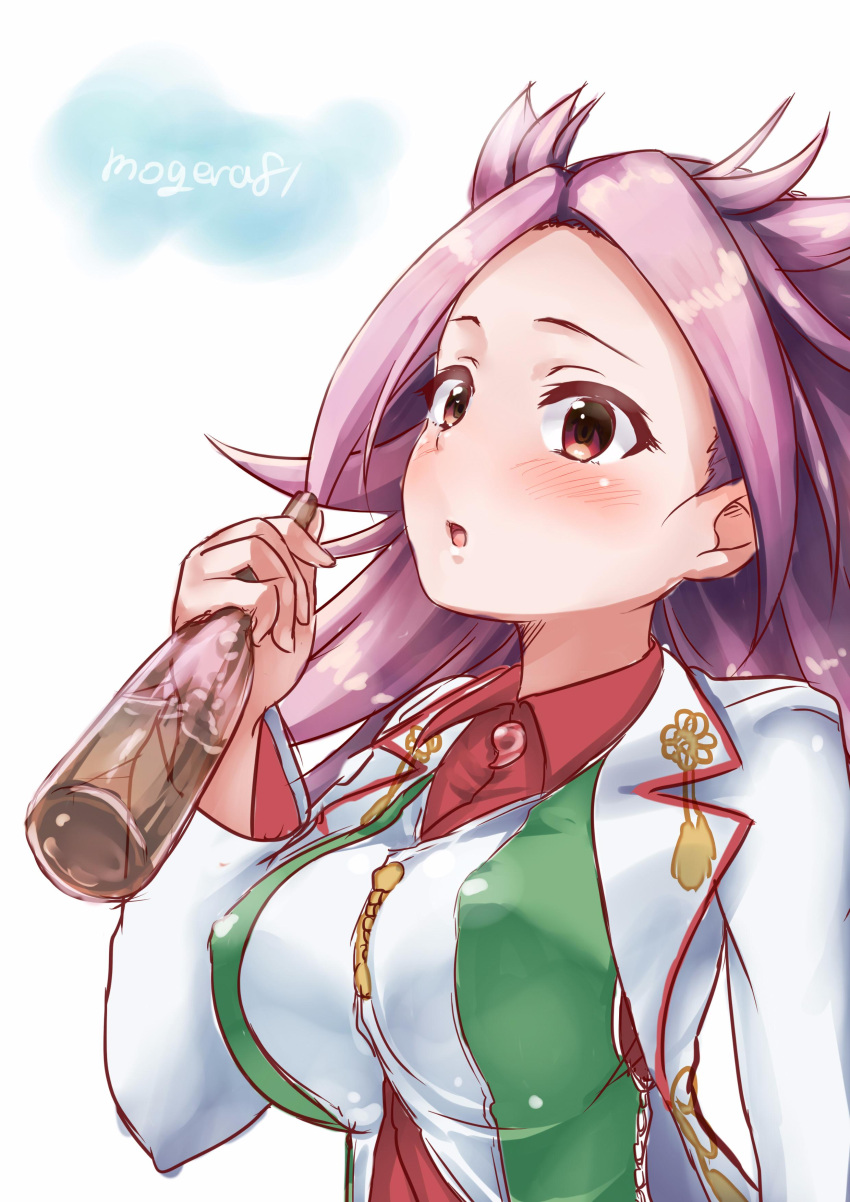 1girl :o absurdres alcohol artist_name blouse blush bottle breasts dress_shirt hakama highres japanese_clothes jun'you_(kantai_collection) kantai_collection long_hair magatama mogera81 open_mouth purple_hair remodel_(kantai_collection) shirt simple_background solo spiky_hair upper_body violet_eyes white_background
