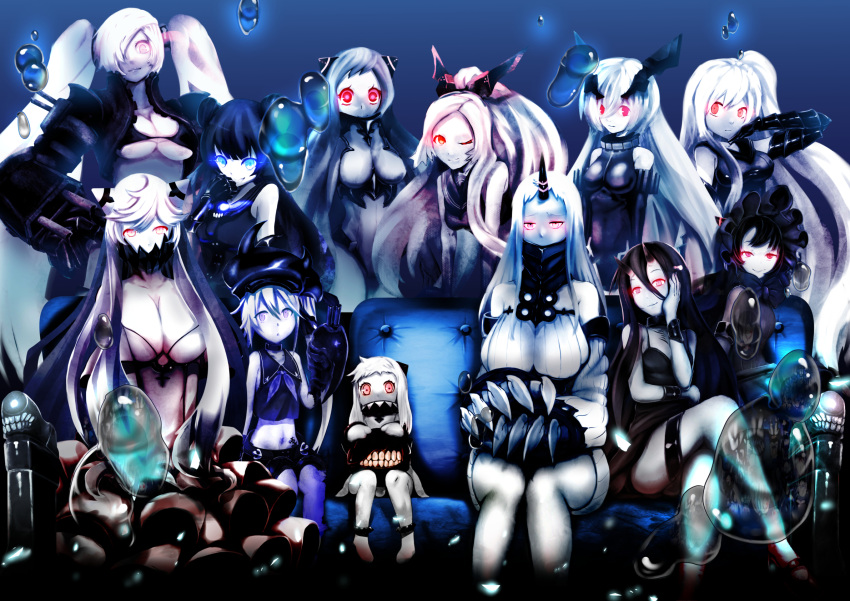 6+girls ;) ahoge aircraft_carrier_oni airfield_hime anchorage_oni armored_aircraft_carrier_oni battleship-symbiotic_hime bikini_top blue_eyes breasts claws cleavage covered_mouth crossed_legs destroyer_hime detached_sleeves dress ebi_(il14021) enemy_aircraft_(kantai_collection) glowing glowing_eyes gothic_lolita hairband headgear highres horn horns isolated_island_oni kantai_collection light_cruiser_oni lolita_fashion lolita_hairband long_hair looking_at_viewer machinery midway_hime mittens multiple_girls northern_ocean_hime one_eye_closed one_side_up ponytail red_eyes school_uniform seaport_hime serafuku shinkaisei-kan sitting smile southern_ocean_oni turret white_dress white_hair white_skin