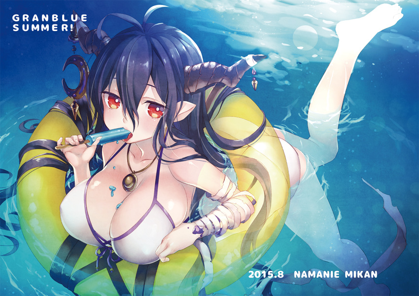 1girl afloat bandages bikini black_hair breasts cleavage crescent danua dated floating_hair granblue_fantasy horn_ornament horns innertube jewelry large_breasts long_hair messy namanie necklace pendant pointy_ears popsicle red_eyes solo swimsuit tongue tongue_out water white_bikini white_swimsuit